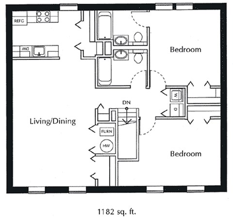 Floor plan for 2 beds, 2 baths, 983 sqft